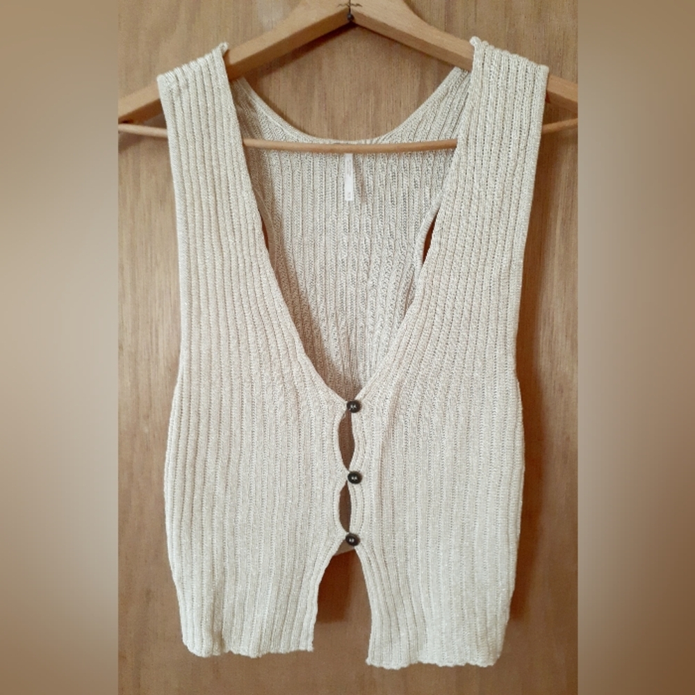 Free People Cream Ribbed Button-Front Tank Size M